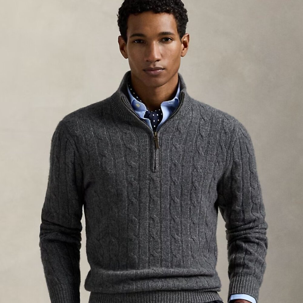 Pronto-Uomo Men’s Cable-knit Quarter Zip Sweater, 100% Cotton, Grey, Sz XL